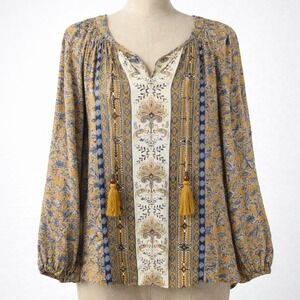 Paisley Tassel Peasant Blouse Long Sleeve L Cottagecore Romantic Boho Floral